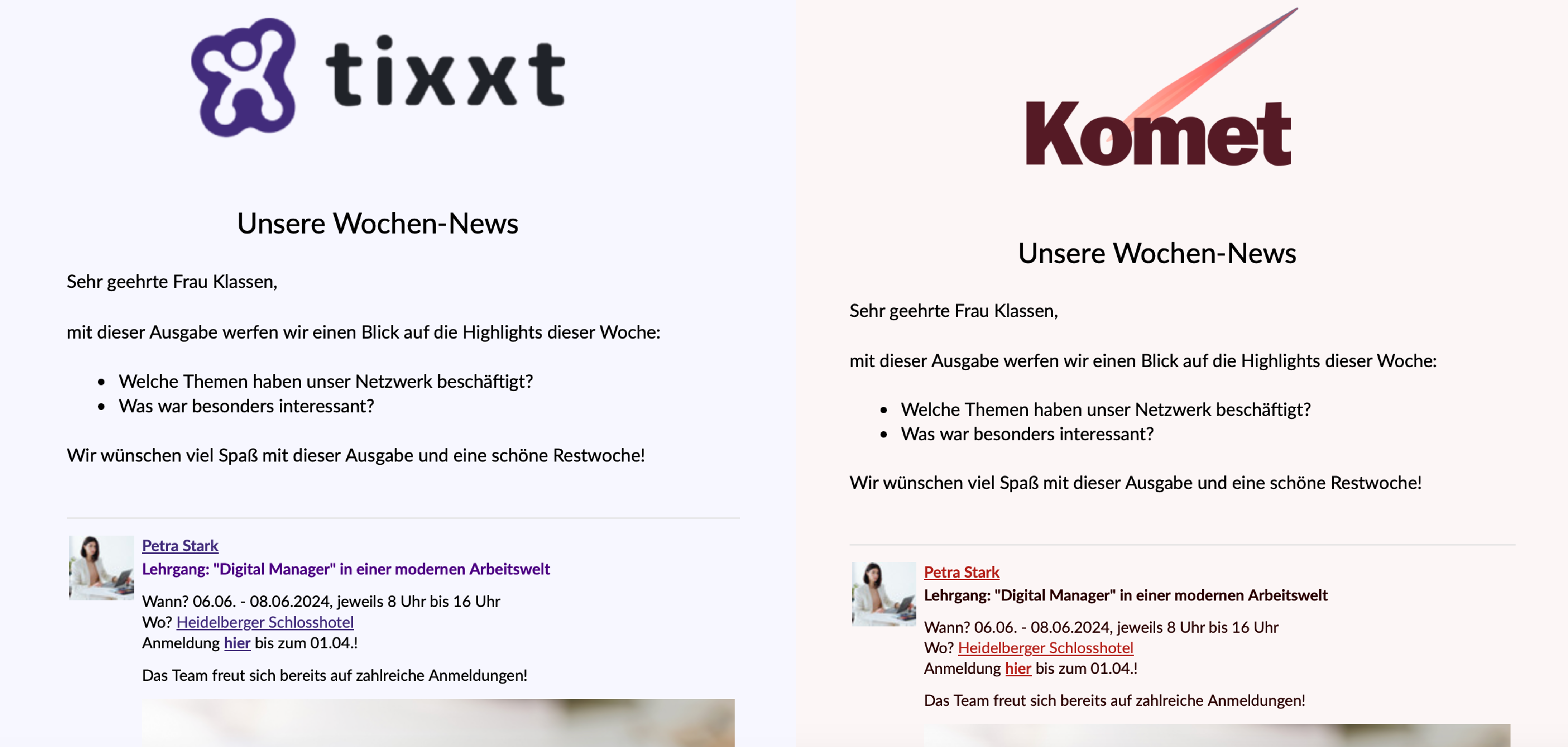 Vergleich einer tixxt-Newsletter-Vorlage und einer Beispiel-Vorlage in einem anderen Design.