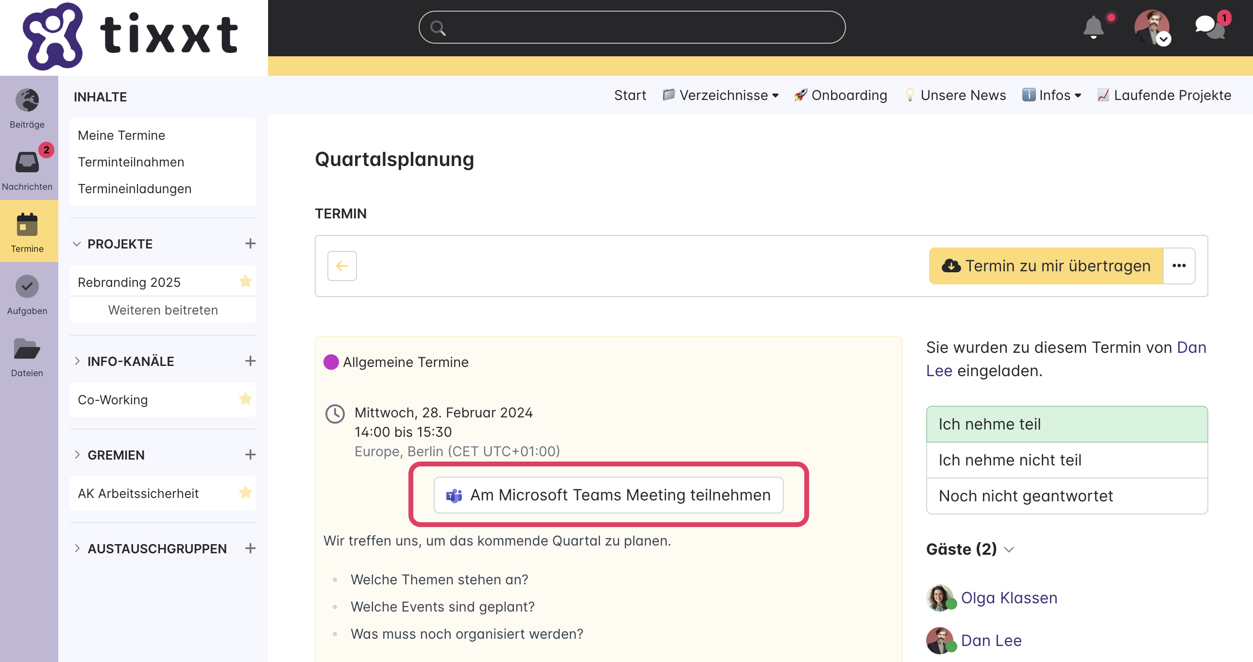 Screenshot einer tixxt-Plattform. Zu sehen ist ein Beispieltermin mit einer Schaltfläche zum Microsoft Teams Meeting.